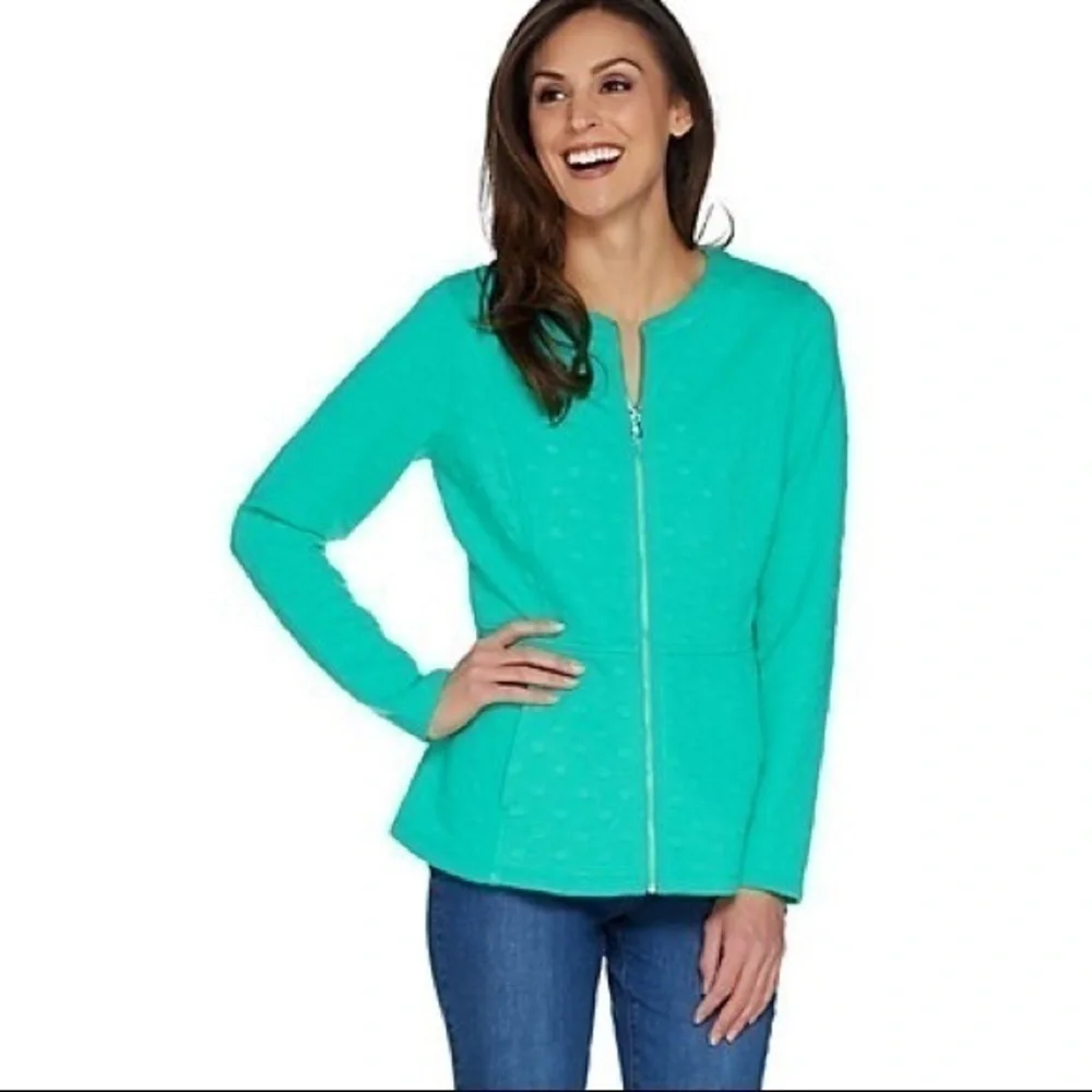 Isaac Mizrahi Live Teal Polka Dot Jacquard Zip Up